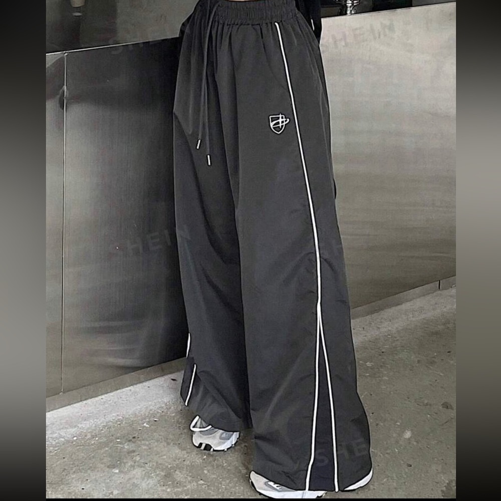 Grey women bag high rise wind breaker pants wide leg size XL